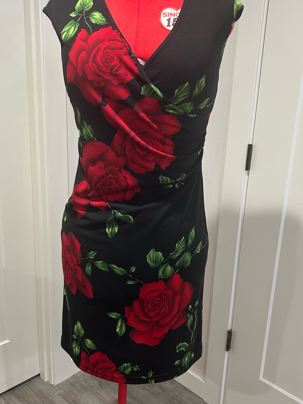 connected apparel Black Midi Wrap Dress with Red Rose Print